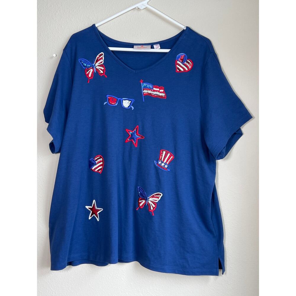 Quacker Factory Blue Patriotic Americana Sequin Patch V-Neck Tee size 2X